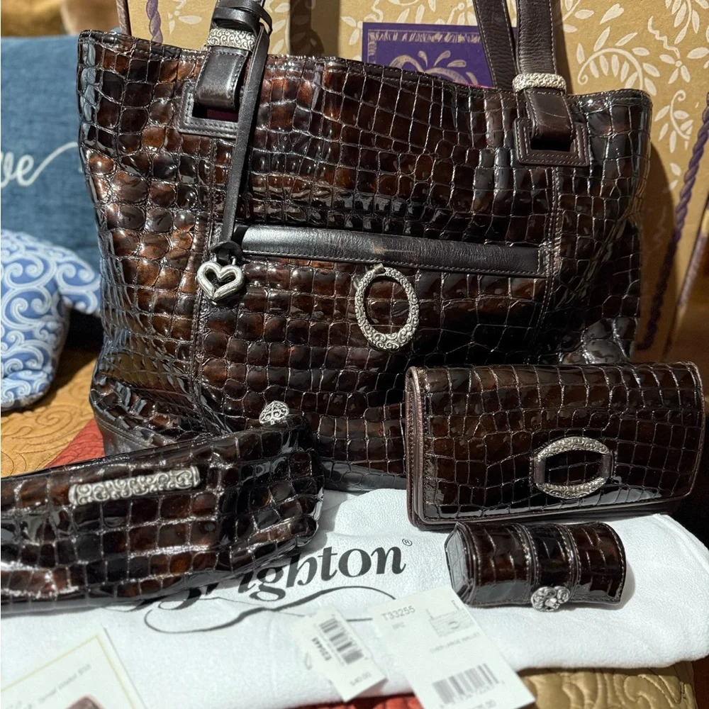 Vintage Brighton Jetson Brown Croc-Embossed Handbag Set - Picture 1 of 2